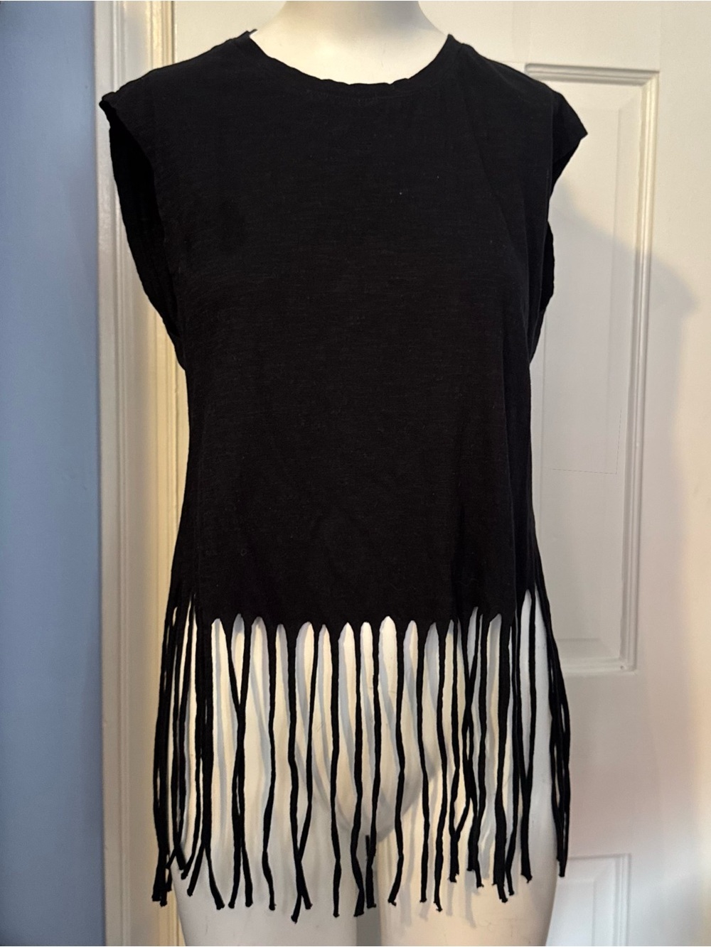 Pepin Black Fringe Sleeveless Boho Festival Tank Top Cotton Tassel Tee Medium
